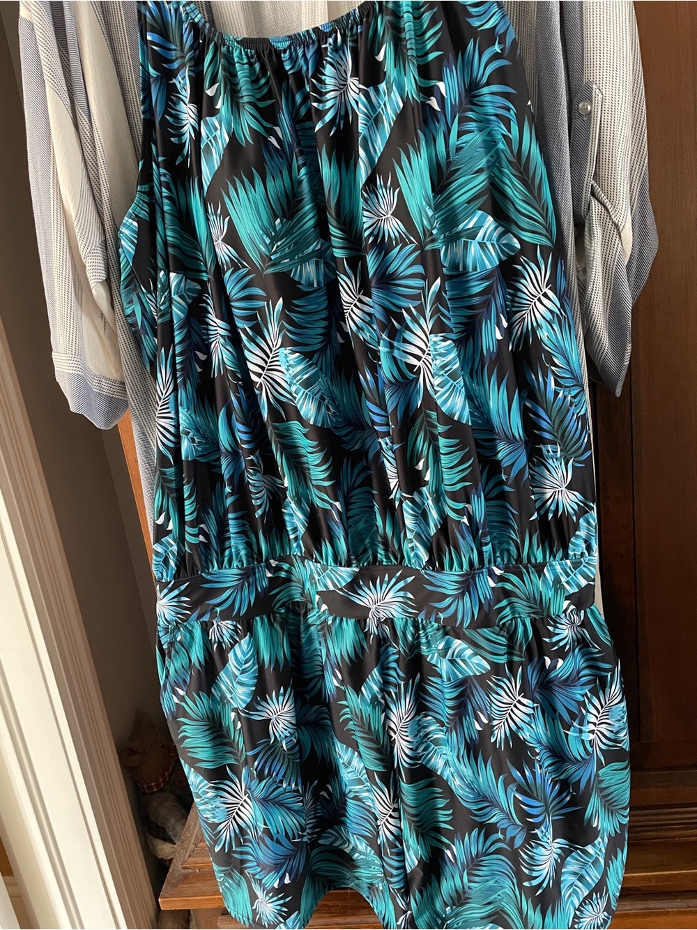 BloomChic Teal & Black Tropical Leaf swimsuit.